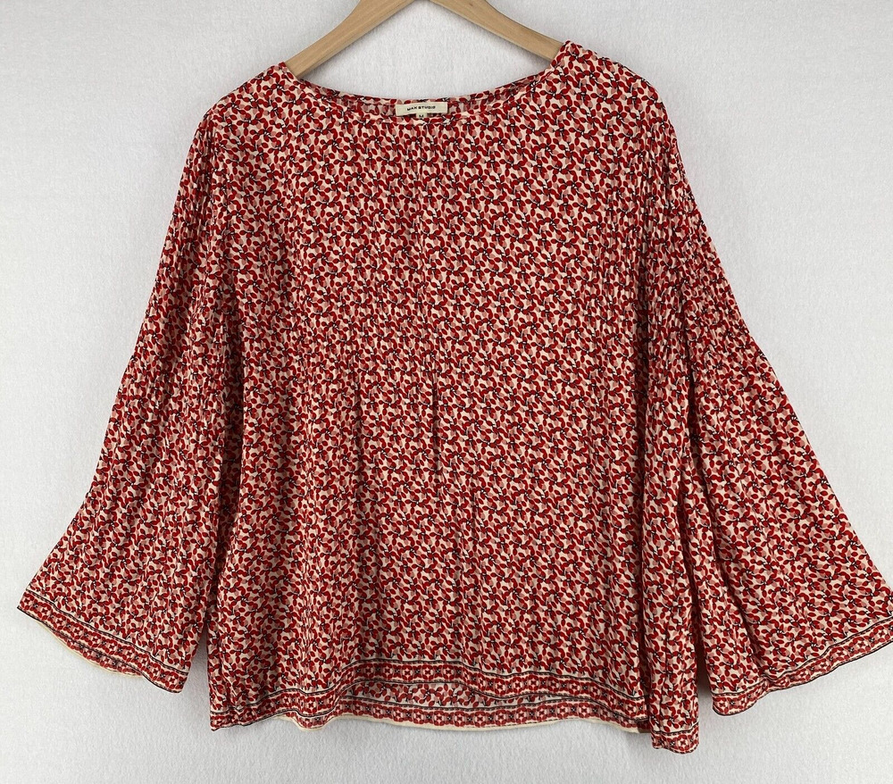 MAX STUDIO Blouse M Peasant Top Boxy Floral Round Neck Flared Sleeve Red - Picture 1 of 13